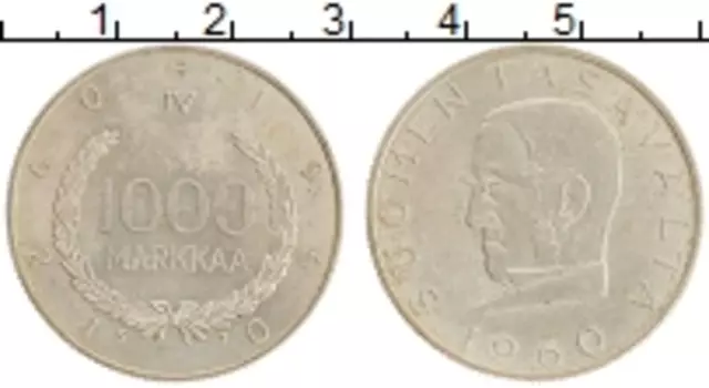 Монета 1000 марок Финляндии 1960 года Серебро 100 лет Финской марке