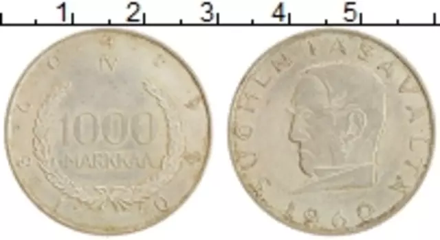 Монета 1000 марок Финляндии 1960 года Серебро 100 лет Финской марке