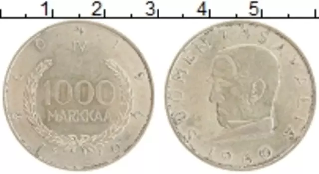 Монета 1000 марок Финляндии 1960 года Серебро 100 лет Финской марке