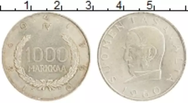 Монета 1000 марок Финляндии 1960 года Серебро 100 лет Финской марке