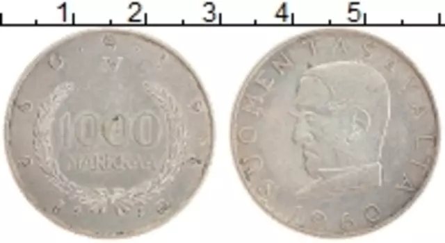 Монета 1000 марок Финляндии 1960 года Серебро 100 лет Финской марке