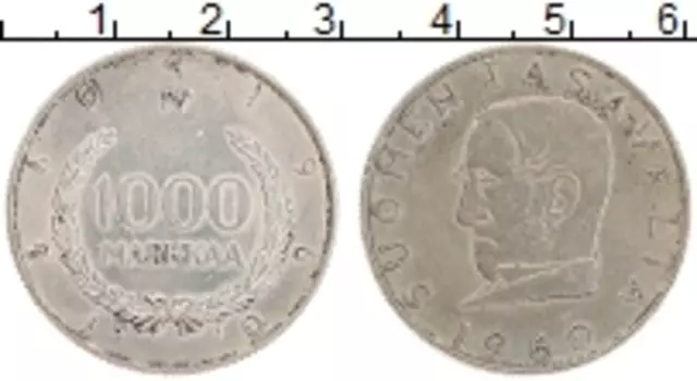 Монета 1000 марок Финляндии 1960 года Серебро 100 лет Финской марке