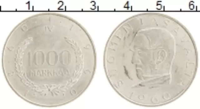 Монета 1000 марок Финляндии 1960 года Серебро 100-летие денежной системы Финляндии