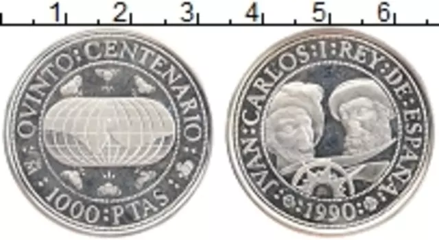 Монета 1000 песет Испании 1990 года Серебро 500 лет открытия Америки