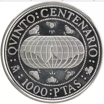 Монета 1000 песет Испании 1990 года Серебро 500 лет открытия Америки