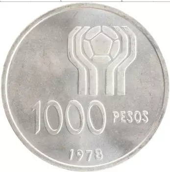 Монета 1000 песо Аргентины 1978 года Серебро Чемпионат Мира по футболу