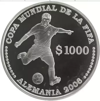 Монета 1000 песо Уругвая 2003 года Серебро Чемпионат Мира по футболу 2006