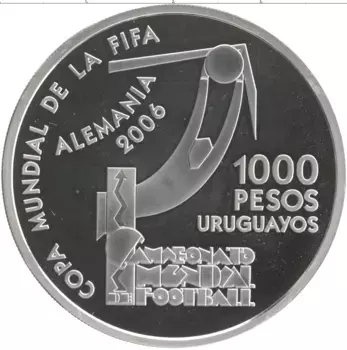 Монета 1000 песо Уругвая 2004 года Серебро Чемпионат мира по футболу 2006 в Германии