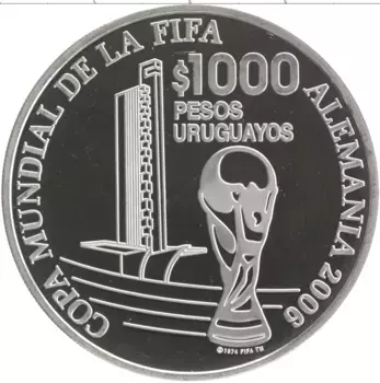 Монета 1000 песо Уругвая 2005 года Серебро Чемпионат Мира по футболу 1986 года