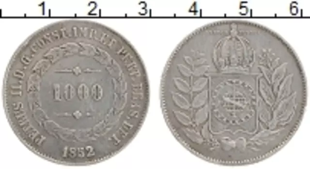 Монета 1000 рейс Бразилии 1852 года Серебро Петрус II