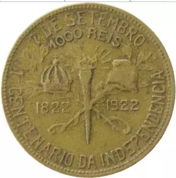Монета 1000 рейс Бразилии 1922 года Латунь 100 лет Независимости