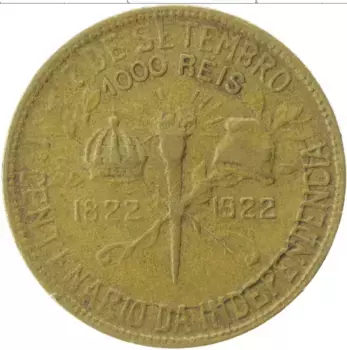 Монета 1000 рейс Бразилии 1922 года Латунь 100 лет независимости