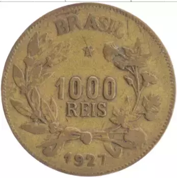 Монета 1000 рейс Бразилии 1927 года Бронза