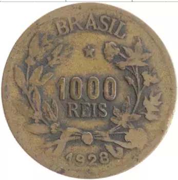 Монета 1000 рейс Бразилии 1928 года Бронза