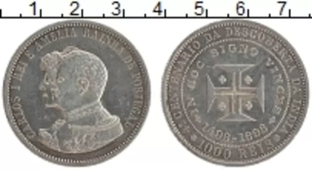 Монета 1000 рейс Португалии 1898 года Серебро 400 лет Открытия Индии