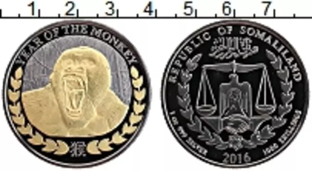 Монета 1000 шиллингов Сомалиленда 2016 года Серебро Год Обезьяны