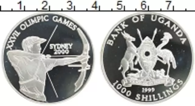 Монета 1000 шиллингов Уганды 1999 года Серебро Олимпийские игры в Сиднее