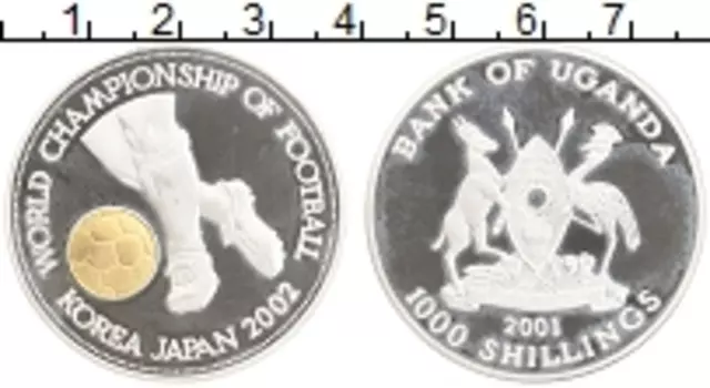 Монета 1000 шиллингов Уганды 2001 года Серебро Чемпионат мира по футболу