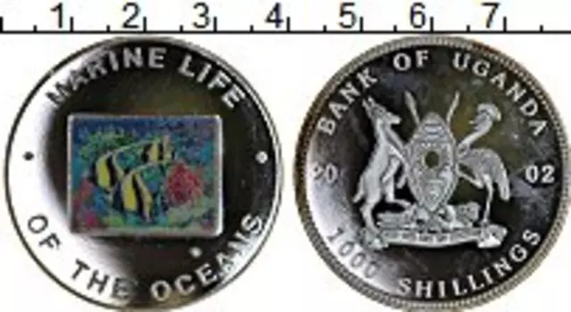 Монета 1000 шиллингов Уганды 2002 года Посеребрение Защита морской жизни