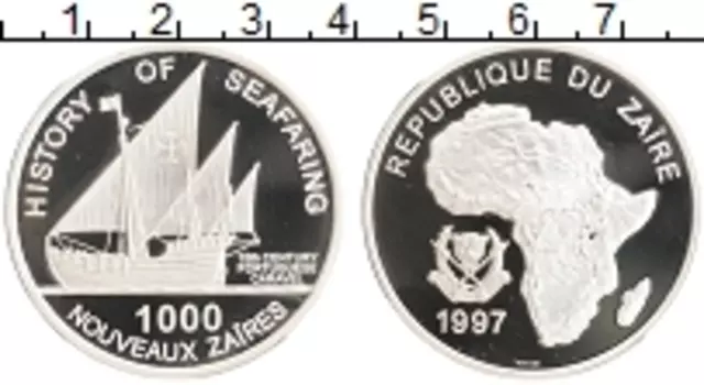 Монета 1000 заиров Заира 1997 года Серебро История мореплавания - Португальская каравелла