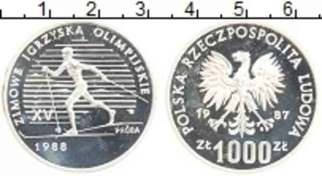 Монета 1000 злотых Польши 1987 года Серебро XV зимние Олимпийские игры 1988 г
