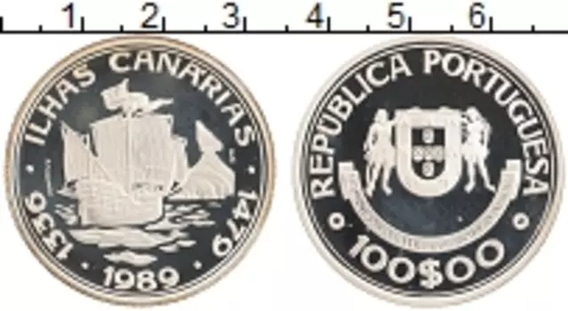 Монета 100 эскудо Португалии 1989 года Серебро Открытие Канаров