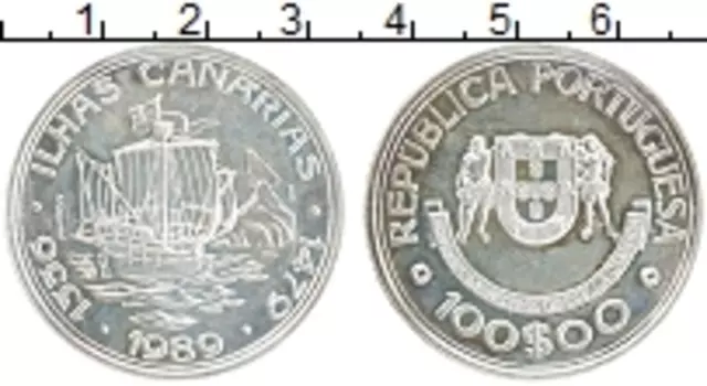 Монета 100 эскудо Португалии 1989 года Серебро Открытие Канарских островов