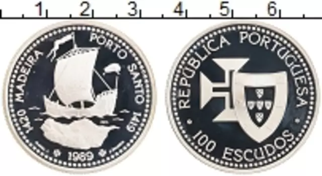 Монета 100 эскудо Португалии 1989 года Серебро Открытие Мадейры
