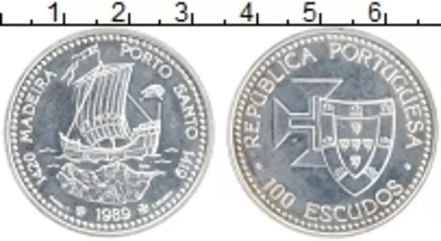 Монета 100 эскудо Португалии 1989 года Серебро Открытие Острова Мадейра