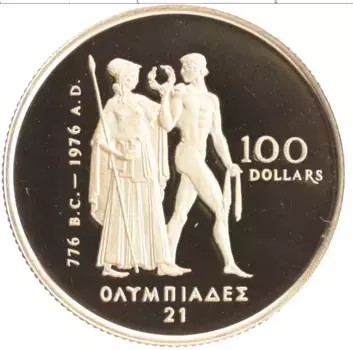 Монета 100 долларов Канады 1976 года Золото XXI летние Олимпийские игры, Монреаль 1976