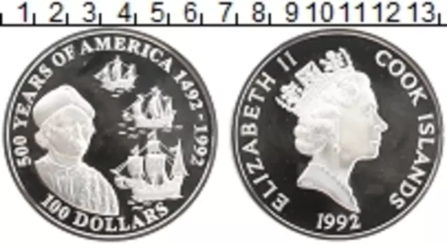 Монета 100 долларов Островов Кука 1992 года Серебро 500 лет открытию Америки - Христофор Колумб