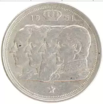 Монета 100 франков Бельгии 1951 года Серебро Династия