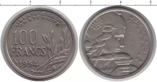 Монета 100 франков Франции 1954 года Медно-никель