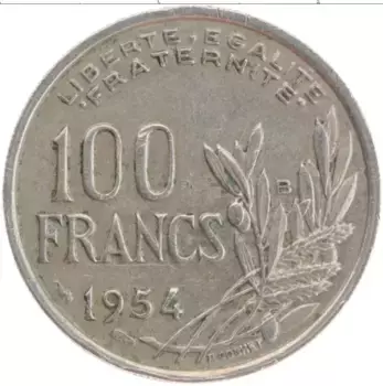 Монета 100 франков Франции 1954 года Медно-никель