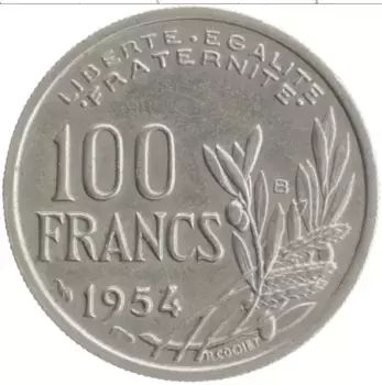 Монета 100 франков Франции 1954 года Медно-никель