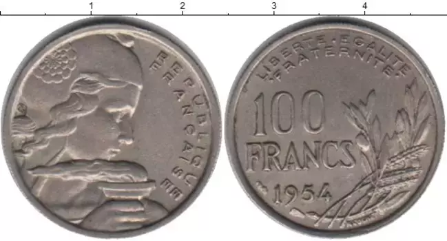 Монета 100 франков Франции 1954 года Медно-никель KM#919,1