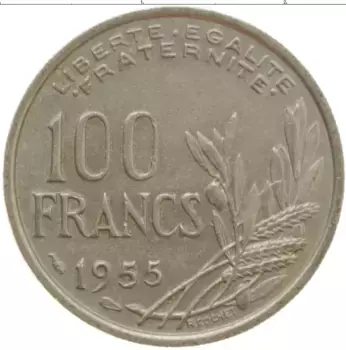 Монета 100 франков Франции 1954 года Медно-никель KM#919,1