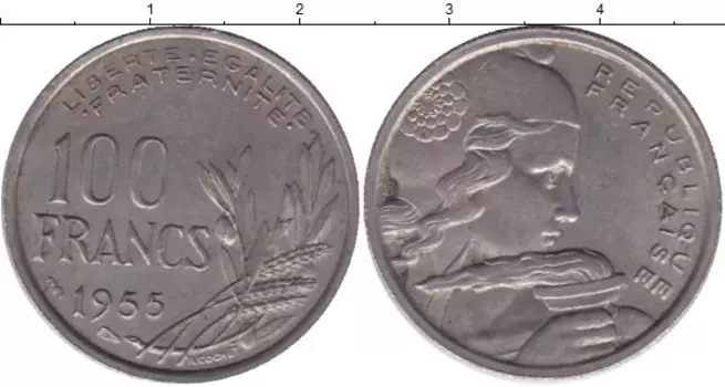 Монета 100 франков Франции 1955 года Медно-никель
