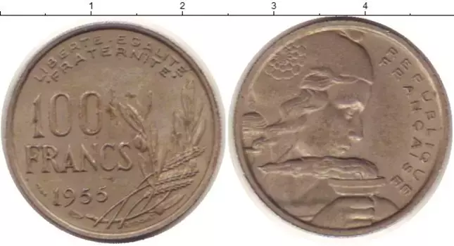 Монета 100 франков Франции 1955 года Медно-никель