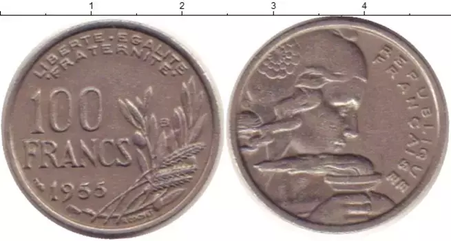 Монета 100 франков Франции 1955 года Медно-никель В