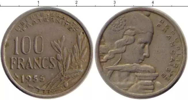 Монета 100 франков Франции 1955 года Медно-никель Марианна