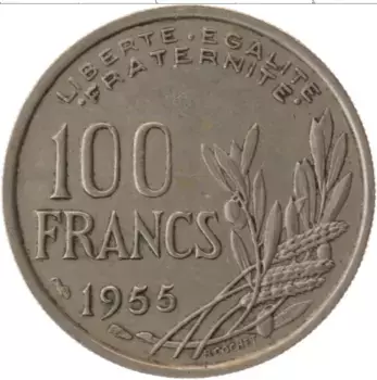 Монета 100 франков Франции 1955 года Медно-никель