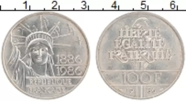 Монета 100 франков Франции 1986 года Серебро 100 лет Статуи Свободы