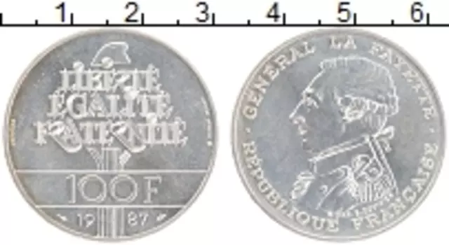 Монета 100 франков Франции 1987 года Серебро Генерал Ла Файетт