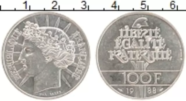 Монета 100 франков Франции 1988 года Серебро Братство
