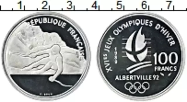 Монета 100 франков Франции 1989 года Серебро Олимпийские игры в Албервиле 1992