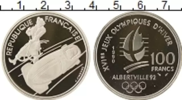 Монета 100 франков Франции 1990 года Серебро Олимпийские игры, бобслей