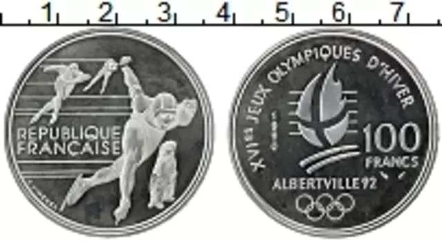 Монета 100 франков Франции 1990 года Серебро XVI зимние олимпийские игры в Альбервилле-92