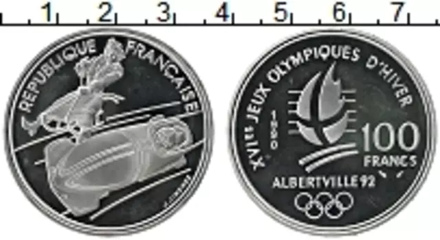 Монета 100 франков Франции 1990 года Серебро XVI зимние олимпийские игры в Альбервилле-92 Сани