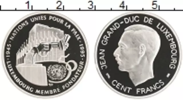 Монета 100 франков Люксембурга 1995 года Серебро 50 лет ООН
